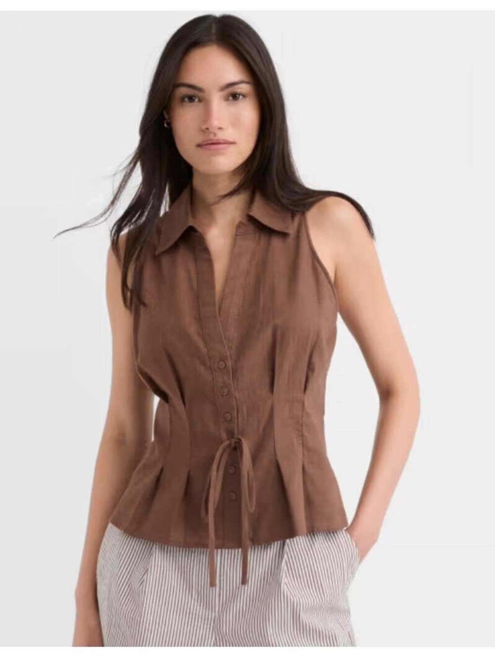 LOFT brown sleeveless tie-front linen blend top Size S